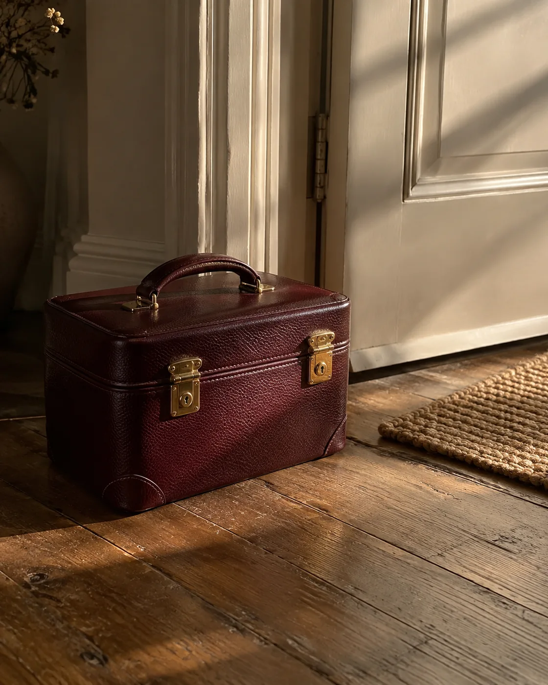 A burgundy jewellery case beside a sunlit doorway.