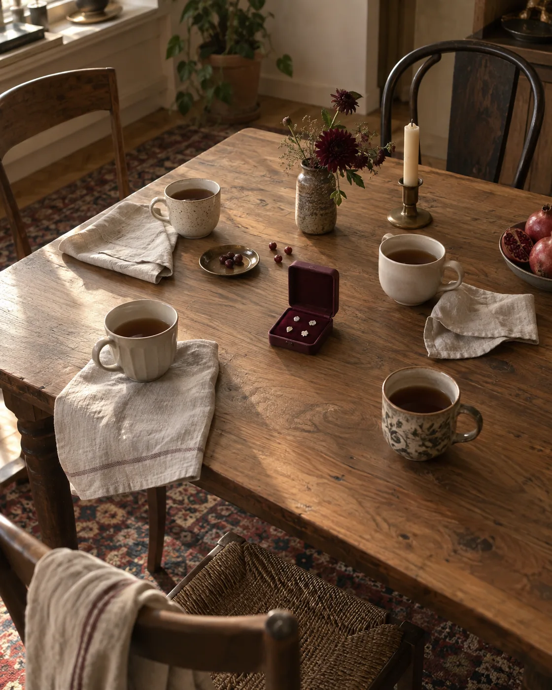 A jewellery case and four cups around a warm wooden table.