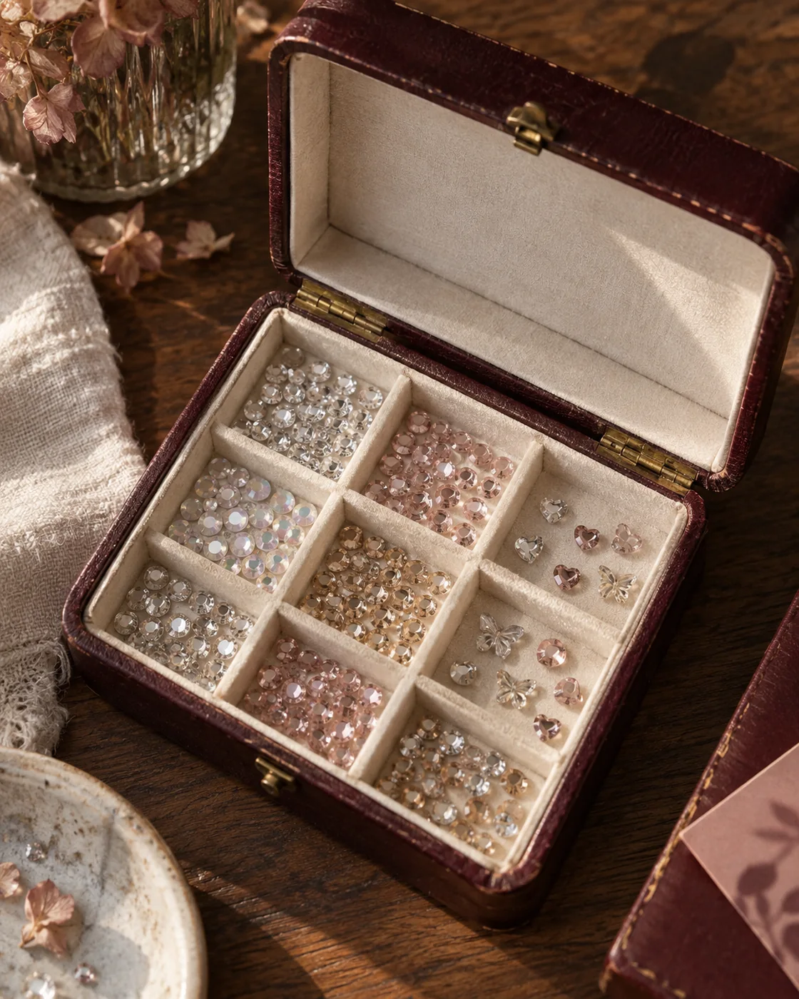 An open burgundy case with a selection of small crystals.