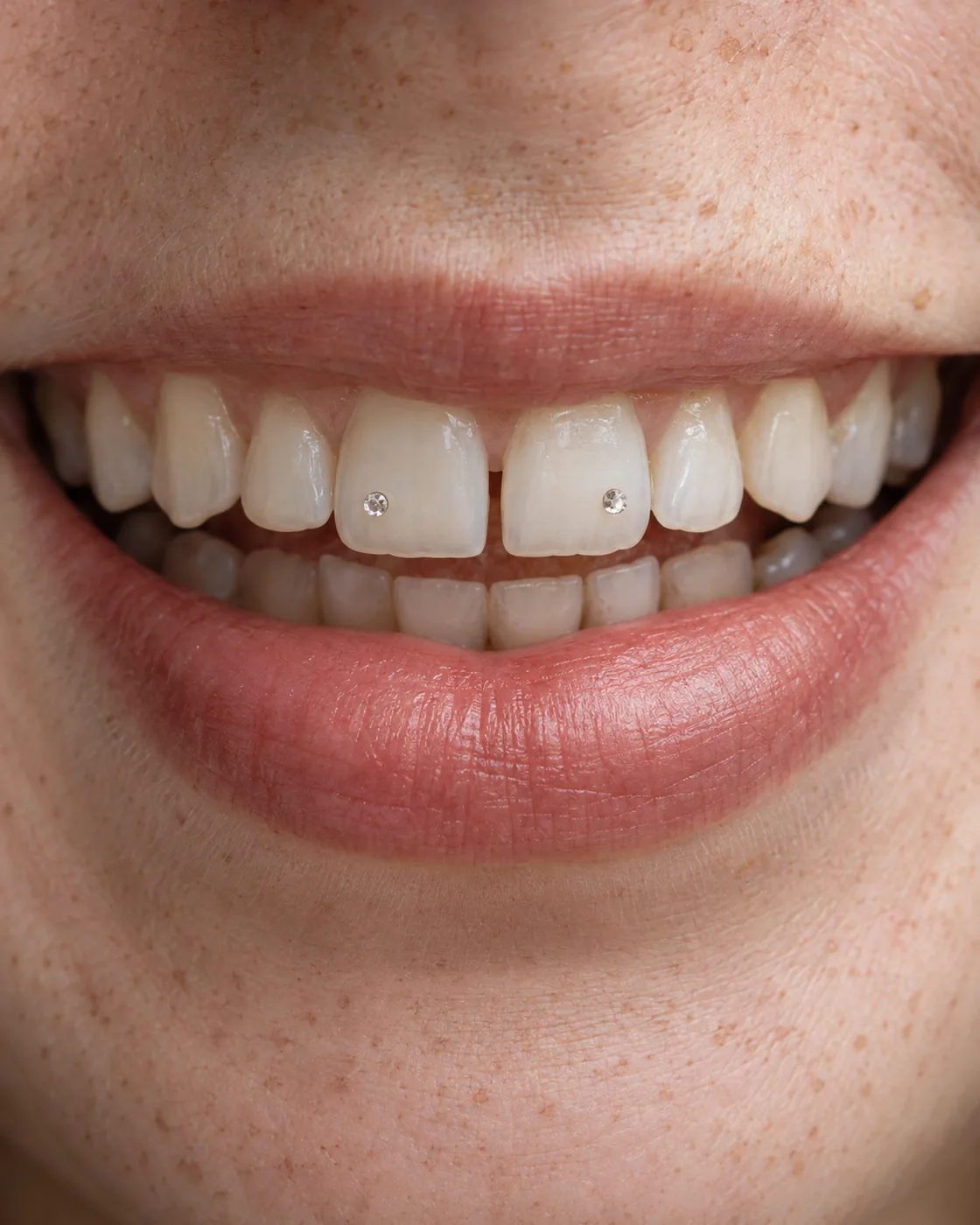 Two delicate clear crystals on the upper incisors.